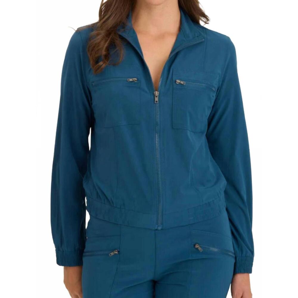 NEW WEARABLES caspian quinn active ruched bomber jacket in blue